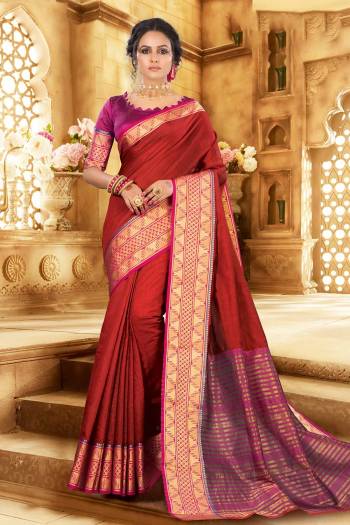 Flaunt Your Rich And Elagant Taste Wearing This Pretty Attractive Saree In Red Color Paired With Contrasting Magenta Pink Colored Blouse. This Saree And Blouse Are Fabricated On Khadi Silk Which Also Gives A Rich Look To Your Personality. Buy Now.