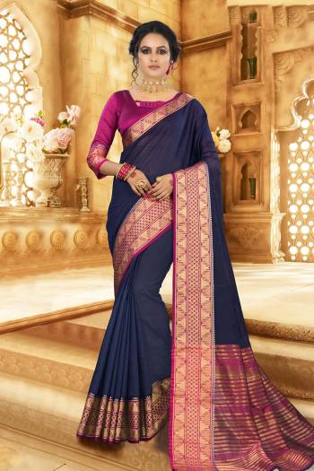 Flaunt Your Rich And Elagant Taste Wearing This Pretty Attractive Saree In Navy Blue Color Paired With Contrasting Magenta Pink Colored Blouse. This Saree And Blouse Are Fabricated On Khadi Silk Which Also Gives A Rich Look To Your Personality. Buy Now.