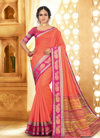 Flaunt Your Rich And Elagant Taste Wearing This Pretty Attractive Saree In Dark Peach Color Paired With Contrasting Rani Pink Colored Blouse. This Saree And Blouse Are Fabricated On Khadi Silk Which Also Gives A Rich Look To Your Personality. Buy Now.