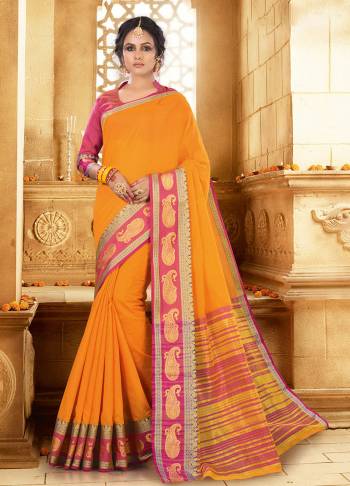 Flaunt Your Rich And Elagant Taste Wearing This Pretty Attractive Saree In Musturd Yellow Color Paired With Contrasting Rani Pink Colored Blouse. This Saree And Blouse Are Fabricated On Khadi Silk Which Also Gives A Rich Look To Your Personality. Buy Now.