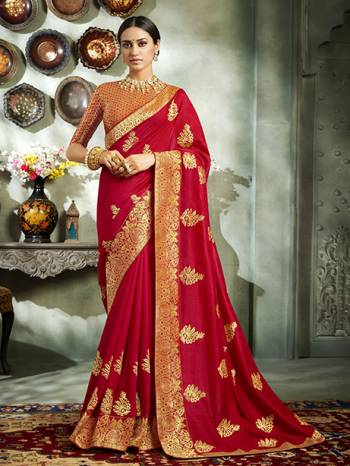 Celebrate This Festive Season With Beauty And Comfort Wearing This Durable And Light Weight Designer Saree In Red Color. This Saree Is Fabricated On Art Silk Paired With Brocade Fabricated Blouse. Buy Now.