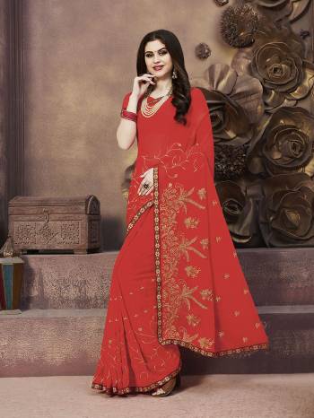 For Your Semi-Casual Wear, Grab This Pretty Saree In Bright Orange?Color. This Saree And Blouse Are Georgette Based With A Minimal Of Embroidery Work With Jari & Thread.