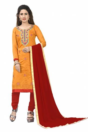 Here Is Pretty Dress Material In Orange & Red Color Its?Top Is Fabricated On Chanderi Cotton Paired With Santoon Bottom And Chiffon dupatta. Get This Dress Material Stitched As Per Your Desired Fit And Comfort.