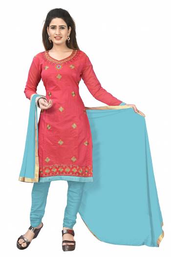 Simple And Elegant Suit Is Here For Your Casual Or Semi-Casual Wear. This Pretty Dress Materal Is In Crimson Red & Blue Color. Its Top Is Chanderi Cotton Based Paired With Santoon Bottom And Chiffon Dupatta.