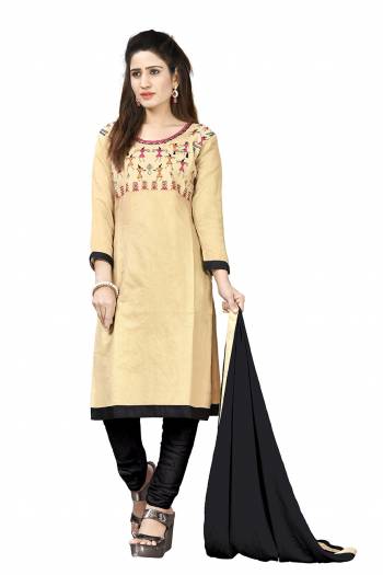 Here Is Pretty Dress Material In Cream & Black Color Its?Top Is Fabricated On Chanderi Cotton Paired With Santoon Bottom And Chiffon dupatta. Get This Dress Material Stitched As Per Your Desired Fit And Comfort.