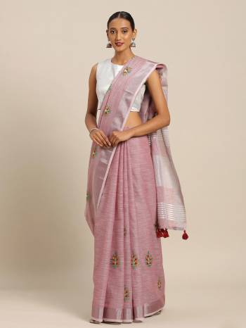 You Will Definitely Earn Lots Of Compliments Wearing This Designer Saree In Pink Color Paired With Pink Colored Blouse. This Pretty Saree And Blouse Are Fabricated On Linen Cotton Beautified With Thread Embroidery. It Is Light In Weight, Durable And Easy To Care For. 