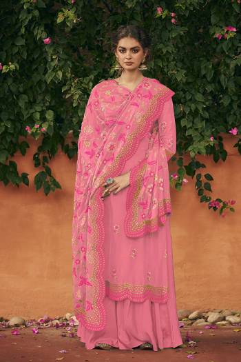 Add This Very Beautiful Designer Straight Suit To Your Wardrobe In Pink Color. Its Pretty Embroidered Top And Dupatta Are Fabricated On Italian Silk Paired With Santoon Fabricated Bottom. Buy This Semi-Stitched Suit Now.