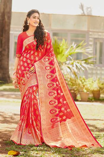Enhance Your Personality Wearing This Rich Looking Saree In Red Color. This Saree And Blouse Are Silk Based Beautified With Attractive Weave All Over. It Is Light Weight, Durable And Easy To Care For.