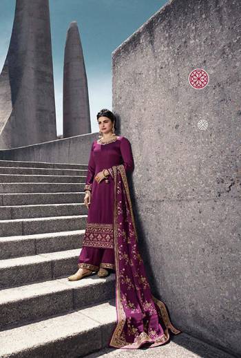 Add This Very Beautiful Designer Straight Suit In All Over Purple Color. Its Pretty Embroidered Top Is Fabricated On Satin Georgette Paired With Santoon Bottom And Silk Georgette Fabricated Dupatta Beautified With Embroidery. Buy This Suit Now.  