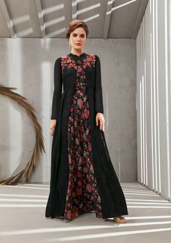 Grab This Beautiful Designer Readymade Gown In Two Layer Consist Of A Printed Inner And Plain Jacket In Black Color. Its Embroidered Jacket Is Fabricated On Poly Organdy Paired With Digital Printed Rayon Cotton Inner. Buy This Readymade Gown Now.