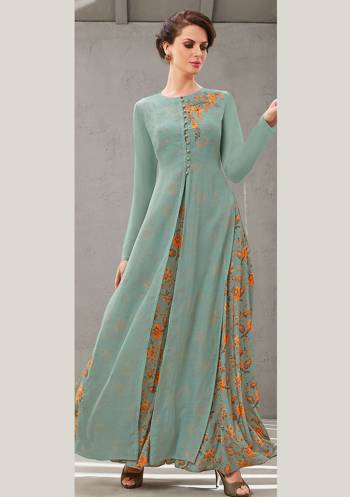 Grab This Beautiful Designer Readymade Gown In Two Layer Consist Of A Printed Inner And Plain Jacket In Dusty Blue Color. Its Embroidered Jacket Is Fabricated On Poly Organdy Paired With Digital Printed Rayon Cotton Inner. Buy This Readymade Gown Now.