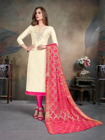 Celebrate This Festive Season With This Pretty suit In Cream Colored Top Paired With Dark Pink Colored Bottom and Dupatta. Its Top Is Fabricated On Modal Silk Paired With Cotton Bottom and Chiffon Jacquard Dupatta. Buy This Dress Material Now.