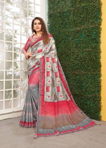Celebrate This Festive Season With Beauty And Comfort Wearing This Designer Saree In Grey And Pink color. This Saree And Blouse Are Viscose Based Beautified With Weave. It Is Light Weight and Easy To Carry All Day Long. 