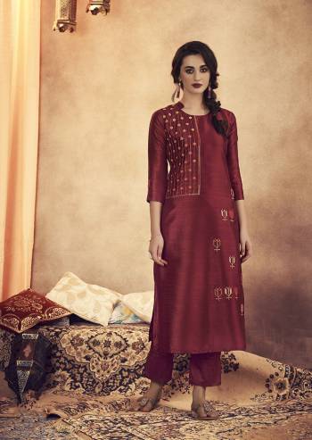 Celebrate This Festive Season With Beauty And Comfort Wearing This Designer Readymade Pair Of Kurti With Bottom In Maroon Color. This Lovely Pair Is Fabricated On Soft Art Silk. Its Top Is Beautified With Detailed Embroidery Giving An Attractive Look. 