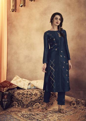 Celebrate This Festive Season With Beauty And Comfort Wearing This Designer Readymade Pair Of Kurti With Bottom In Navy Blue\ Color. This Lovely Pair Is Fabricated On Soft Art Silk. Its Top Is Beautified With Detailed Embroidery Giving An Attractive Look. 