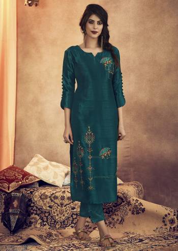 Get Ready For The Upcoming Festive Season With This Beautiful Readymade Pair Of Kurti With Bottom In Teal Blue Color. This Kurti and Pant Are Fabricated On Soft Art Silk And Its Kurti Is Beautified With Thread Embroidery. Buy This Pretty Pair Now.