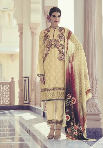 Add This Pretty Simple And Elegant Looking Straight Suit To Your Wardrobe In Cream Color. Its Top Is Fabricated On Jacquard Georgette Paired With Santoon Bottom and Chiffon Fabricated Dupatta. It Is Light In Weight and Easy To Carry All Day Long. 