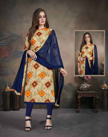 Here Is A Pretty Simple Dress Material For Your Semi-Casual Wear In Multi Color Paired With Royal Blue colored bottom And Dupatta. Its Top Is Fabricated On Rayon Paired With Cotton Bottom and Chiffon Fabricated Dupatta. 