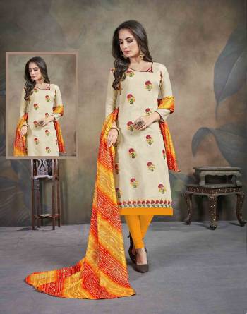 Add This Pretty Suit To Your Wardrobe In Cream Colored Top Paired With Musturd Yellow colored Bottom And Dupatta. This Dress Material Is Modal Silk Based Paired With Cotton Bottom Abd Bandhani Dupatta. 