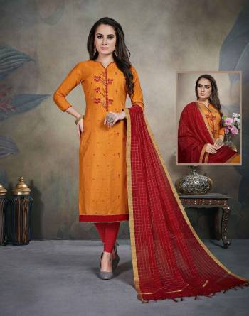 Grab This Designer Straight Suit In Orange Colored Top Paired With Contrasting Red Colored Bottom And Dupatta. Its Top Is Fabricated On Soft Cotton Paired With Cotton Bottom And Banarasi Cotton Dupatta. Buy This Dress Material Now.