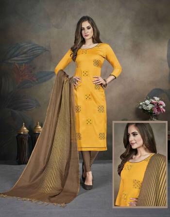 Shine Bright In This Lovely Designer Straight Suit In Yellow colored Top Paired With Contrasting Brown Colored Bottom and Dupatta. Its Top Is Fabricated On Soft Silk Paired With Cotton Bottom and Banarasi Dupatta. Buy This Dress Material Now.