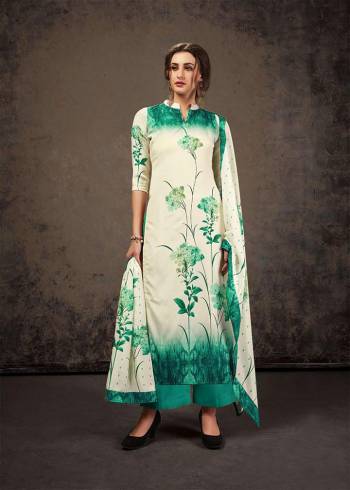 Add This Pretty Elegant Designer Straight Suit To Your Wardrobe In Off-White And Teal Green Color. Its Top Is Fabricated On Crepe Silk Paired With Santoon Bottom And Chinon Fabricated Dupatta. Its Top And Dupatta Are Beautified With Digital Print Gicing A Subtle Rich Look. 