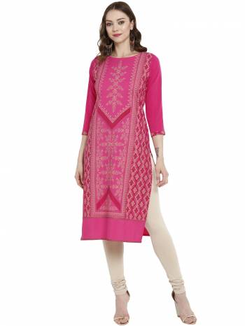 For Your Semi-Casual Wear, Grab This Readymade Straight Kurti In Rani Pink Color Fabricated On Crepe. It Is Beautified With Prints And Can Be Paired With Same Or Contrasting Colored Leggings, Pants Or Plazzo. 