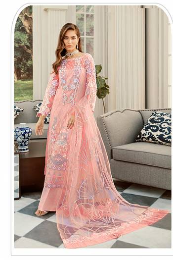 Here Is A Very Beautiful Designer Pakistani Suit In All Over Peach Color. Its Heavy Embroidered Top And Dupatta Are Fabricated On Net Paired With Santoon Bottom. It Is Light Weight And Easy To Carry Throughout The Gala. 