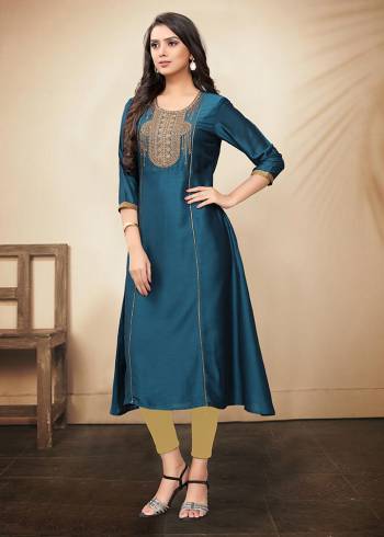 Celebrate This Festive Season With Beauty And Comfort Wearing This Designer Readymade Kurti In Blue Color. It Is Fabricated On Soft Silk Beautified With Detailed Embroidery. It Can Be Paired With Same Or Contrasting Colored Leggings Or Pants. 