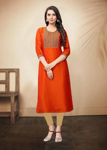 Celebrate This Festive Season With Beauty And Comfort Wearing This Designer Readymade Kurti In Orange Color. It Is Fabricated On Soft Silk Beautified With Detailed Embroidery. It Can Be Paired With Same Or Contrasting Colored Leggings Or Pants. 