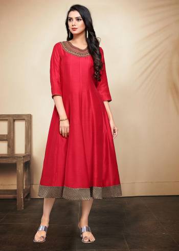 Celebrate This Festive Season With Beauty And Comfort Wearing This Designer Readymade Kurti In Red Color. It Is Fabricated On Soft Silk Beautified With Detailed Embroidery. It Can Be Paired With Same Or Contrasting Colored Leggings Or Pants. 