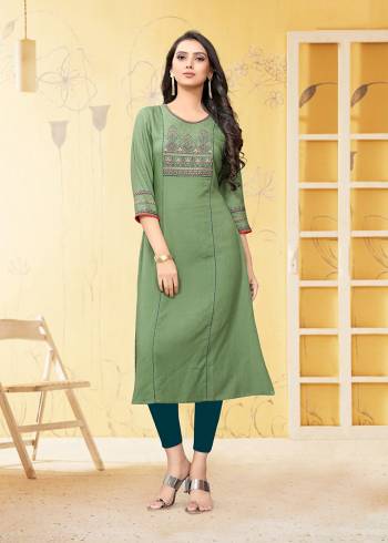 Grab This Readymade Kurti In Light Green Color Fabricated On Rayon Flex. It Is Light In Weight And Easy To Carry All Day Long. 