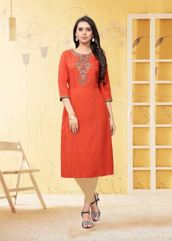 Here Is A Very Pretty Readymade Kurti In Orange Color Fabricated On Rayon Flex. It Is Beautified With Thread Work And Available In All Regular Sizes. 