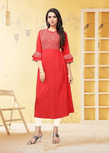 For Your Semi-Casual Wear, Grab This Readymade Kurti In Red Color Fabricated On Rayon Flex. It Is Beautified With DetailedThread Work. You Can Pair This Up With Same Or Contrasting Colored Bottom. Buy Now.