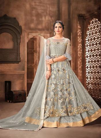 Flaunt Your Rich And Elegant Taste In This Very Pretty Designer Indo Western In Grey Color Which Comes With Two Bottom. Its Embroidered Top And  Dupatta Are Net Based Paired With Art Silk Lehenga And Embroidered Pant. 