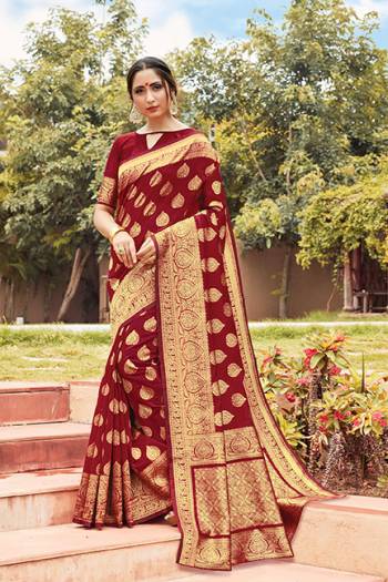 For A Proper Traditional Look, Grab This Designer Weaved Saree In Maroon Color. This Saree And Blouse Are Fabricated On Cotton Handloom Beautified With Weave. Its Fabric Is Durable And Easy To Carry. 