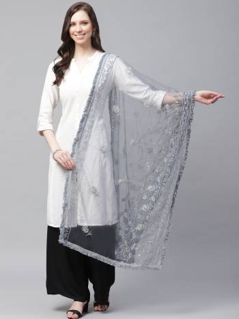 Enhance The Look Of Your Gown, Lehenga Or Even Kurti With This Pretty Lakhnavi Embroidered Net Fabricated Dupatta. You Can Pair This Up Same Or Contrasting Colored Attire. Buy Now.