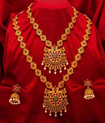 For A Queen Look, Here Is A Designer Royal Looking Necklace Set With Two Necklaces With A Pair Of Earrings. This Necklace Set Can Be Paired With Heavy Or Light Ethnic Attire Alos Can Be Wore Single Or Both At A Time For More Enhanced Look. Buy Now