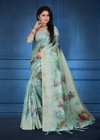 Look Pretty Wearing This Baby Blue Colored Saree. This Saree And Blouse Are Fabricated On Linen Beautified With Floral Prints. It Is Light In Weight and Easy To Carry All Day Long. 