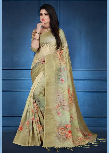 For A Rich And Elegant Look, Grab This Designer Printed Saree In Light Olive Green Color. This Saree And Blouse Are Fabricated On Linen Beautified With Prints All Over. Its Rich Fabric And Color Gives A Rich Look To Your Personality. Buy Now.