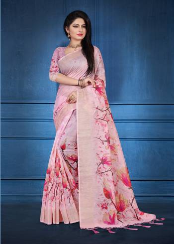 For A Rich And Elegant Look, Grab This Designer Printed Saree In Pink Color. This Saree And Blouse Are Fabricated On Linen Beautified With Prints All Over. Its Rich Fabric And Color Gives A Rich Look To Your Personality. Buy Now.