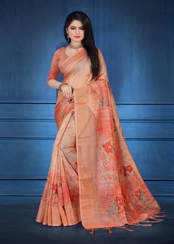 Look Pretty Wearing This Orange Colored Saree. This Saree And Blouse Are Fabricated On Linen Beautified With Floral Prints. It Is Light In Weight and Easy To Carry All Day Long. 