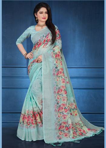 For A Rich And Elegant Look, Grab This Designer Printed Saree In Sky Blue Color. This Saree And Blouse Are Fabricated On Linen Beautified With Prints All Over. Its Rich Fabric And Color Gives A Rich Look To Your Personality. Buy Now.