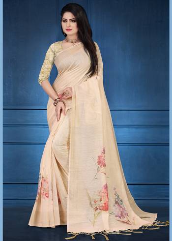 Look Pretty Wearing This Cream Colored Saree. This Saree And Blouse Are Fabricated On Linen Beautified With Floral Prints. It Is Light In Weight and Easy To Carry All Day Long. 