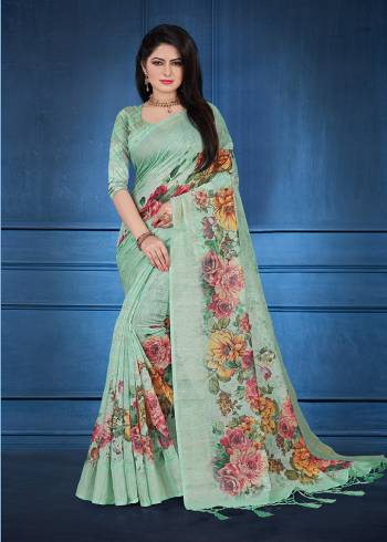 For A Rich And Elegant Look, Grab This Designer Printed Saree In Pastel Blue Color. This Saree And Blouse Are Fabricated On Linen Beautified With Prints All Over. Its Rich Fabric And Color Gives A Rich Look To Your Personality. Buy Now.