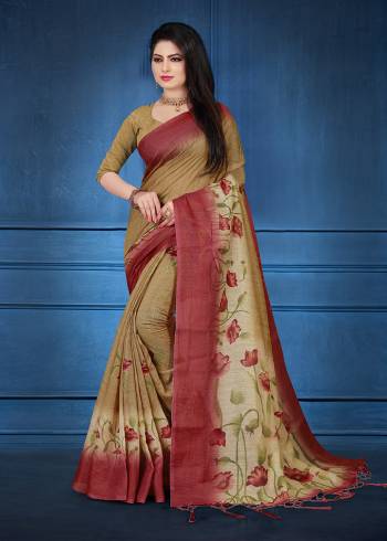 Look Pretty Wearing This Brown And Maroon Colored Saree. This Saree And Blouse Are Fabricated On Linen Beautified With Floral Prints. It Is Light In Weight and Easy To Carry All Day Long. 