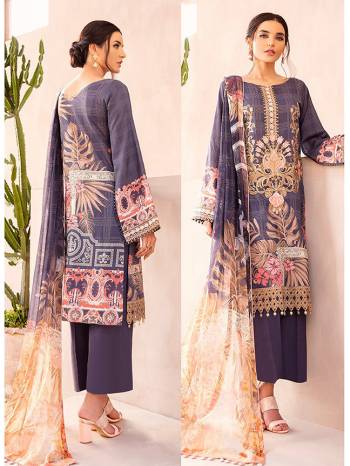 Grab This Pretty Designer Straight Suit In Purple Color. Its Top Is Fabricated On Cotton Satin Paired With Cotton Bottom and Muslin Fabricated Dupatta. It Is Beautified With Digital Prints And Thread Work. Buy Now.