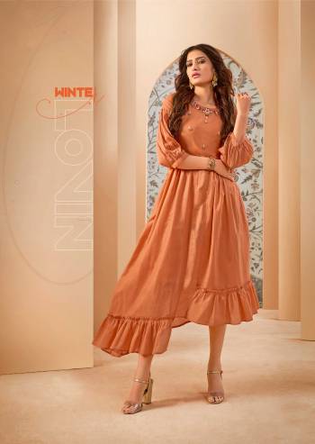 Celebrate This Festive Season With Beauty And Comfor Wearing This Pretty Readymade Long Kurti In Orange Color. This Kurti Is Fabricated On Mal Cotton Beautified With Thread Work. 