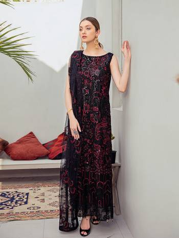 Grab This Attractive Looking Heavy Designer Straight Suit In Black Color. Its Embroidered Top And Dupatta Are Georgette Based Paired With Santoon Bottom. Buy This Pretty Suit Now.
