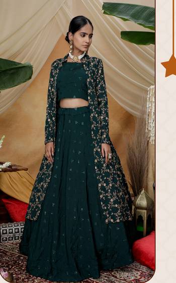 Enhance Your Personaity Wearing This Designer Indo Western Lehenga Choli With Jacket In Pine Green Color. Its Blouse, Lehenga And Jacket Are Fabricated On Chinon Beautified With Attractive Detailed Embroidery Work. 